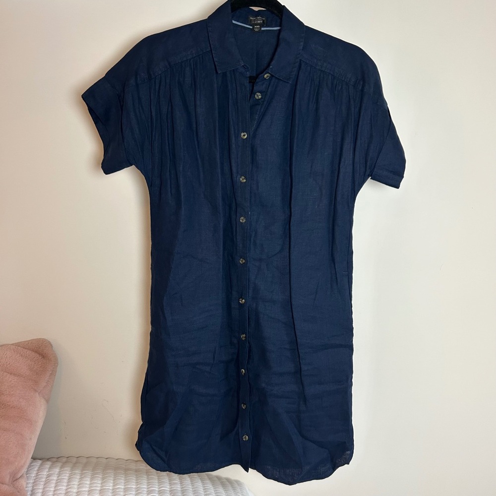 J. Crew Baird McNutt Irish Linen Shirt Dress Navy‎ XXS Short Sleeve Button Front
